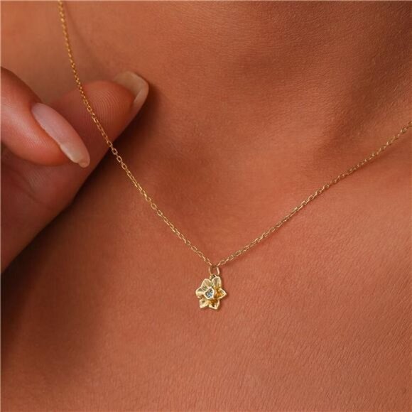 Birthstone Birthflower Necklaces for Women 14K Gold Cherry Blossom Pendant - Picture 2 of 5